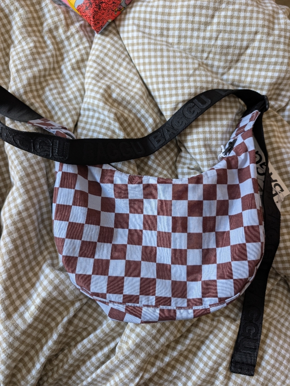 BAGGU Urban Exclusive Blue And Brown Check Medium Crescent Bag